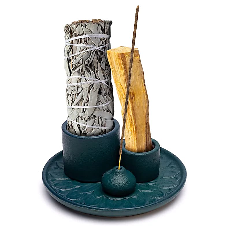 Keramische palo santo, smudge en wierook brander bloemmotief petrol