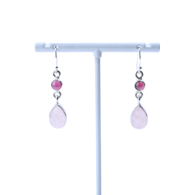 Zilveren oorbellen Rozenkwarts met Granaat - 1