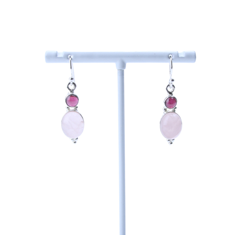 Zilveren oorbellen Rozenkwarts met Granaat - 2