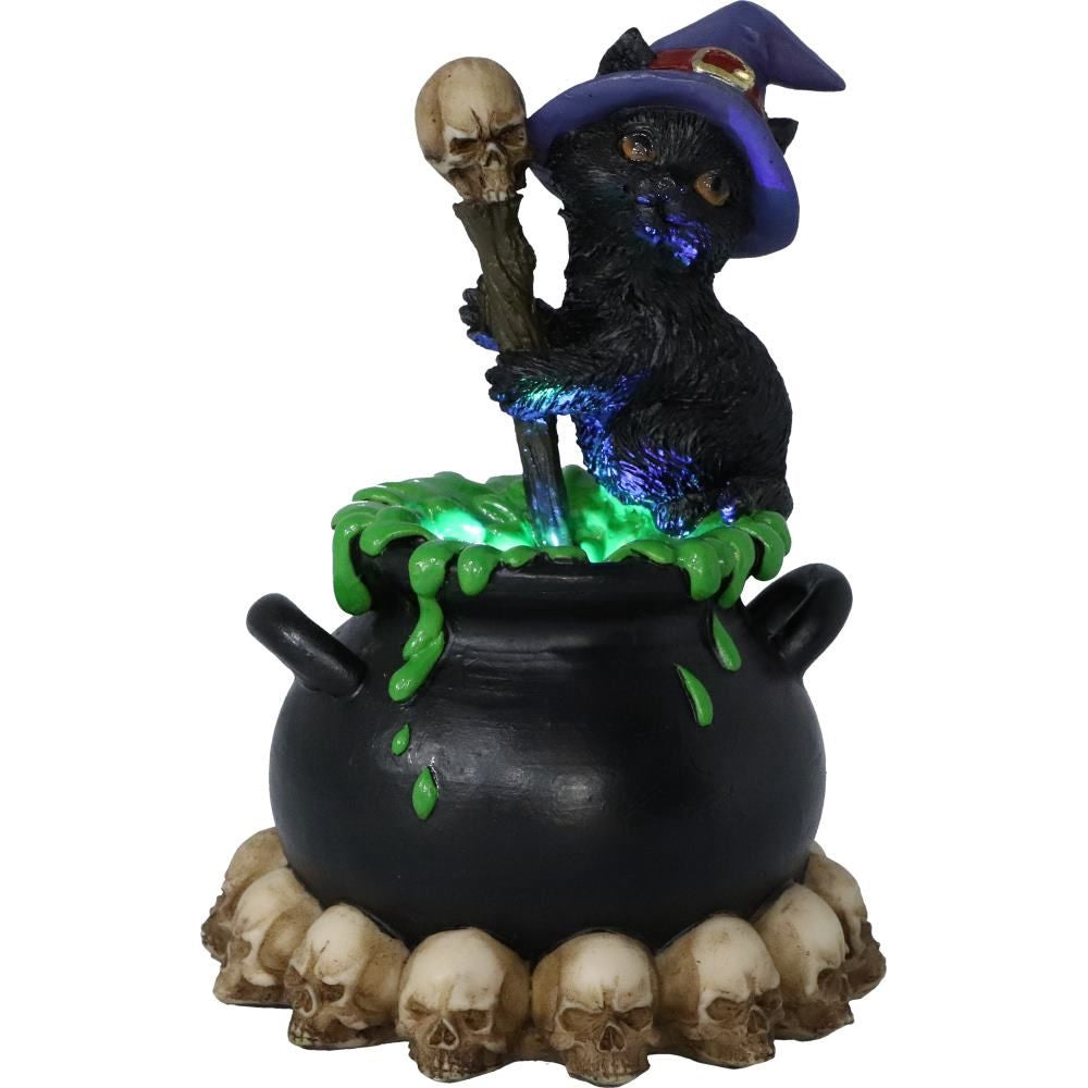 Beeldje zwarte kat "Spook" bubbelende cauldron 12cm