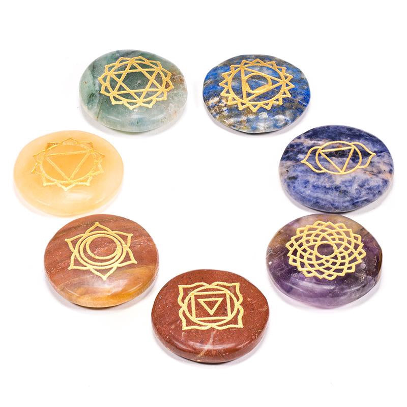 Set 7 chakra symbolen ronde halfedelstenen