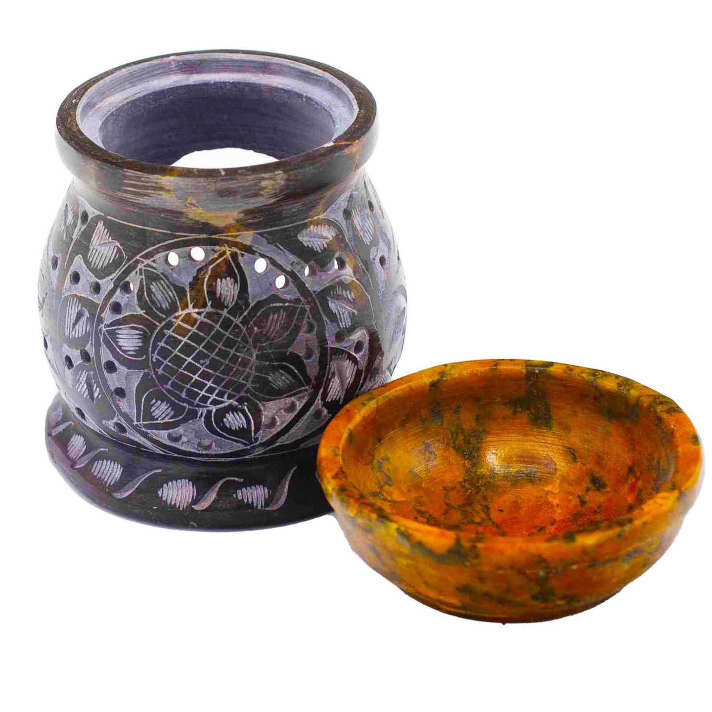 Oliebrander zeepsteen zwart - geel Mandala