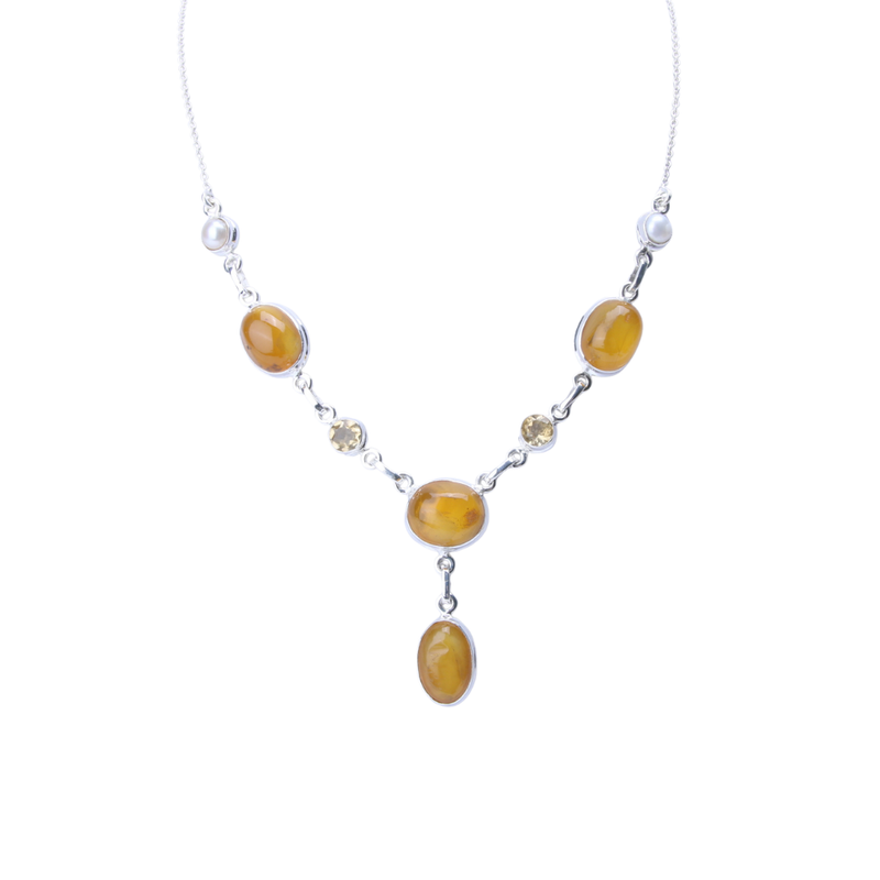 Zilveren Ketting Barnsteen met Citrien en Parel