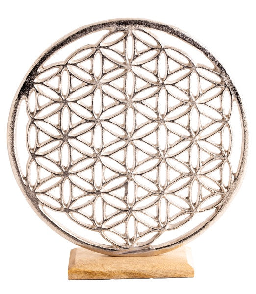 Zilverkleurige Flower of Life op standaard