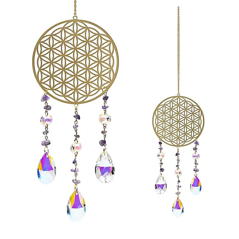 Suncatcher met flower of life, goud en amethist