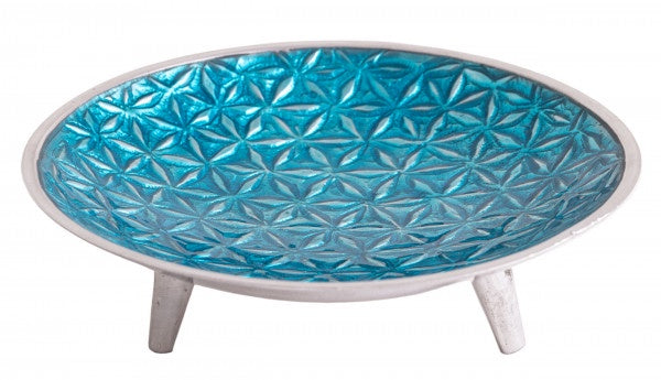 Schaaltje Flower of Life aluminium turquoise staand