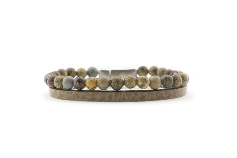 Herenarmband DAVE‐dendriet jaspis+taupe Leer